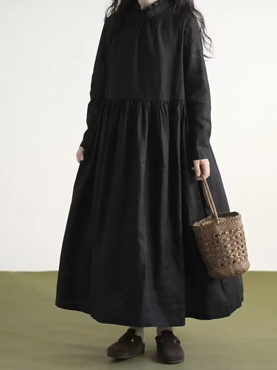 Casual Loose Linen Shirt Dress - Siyah Dantel Yakalı Uzun Kollu Keten