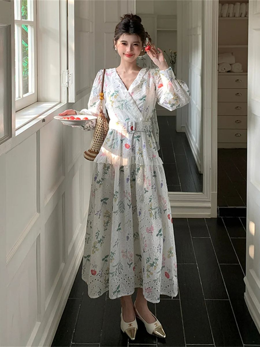 French Vintage Floral Midi Dress - Fransız Romantik Tarzı Fener Kol Çiçek