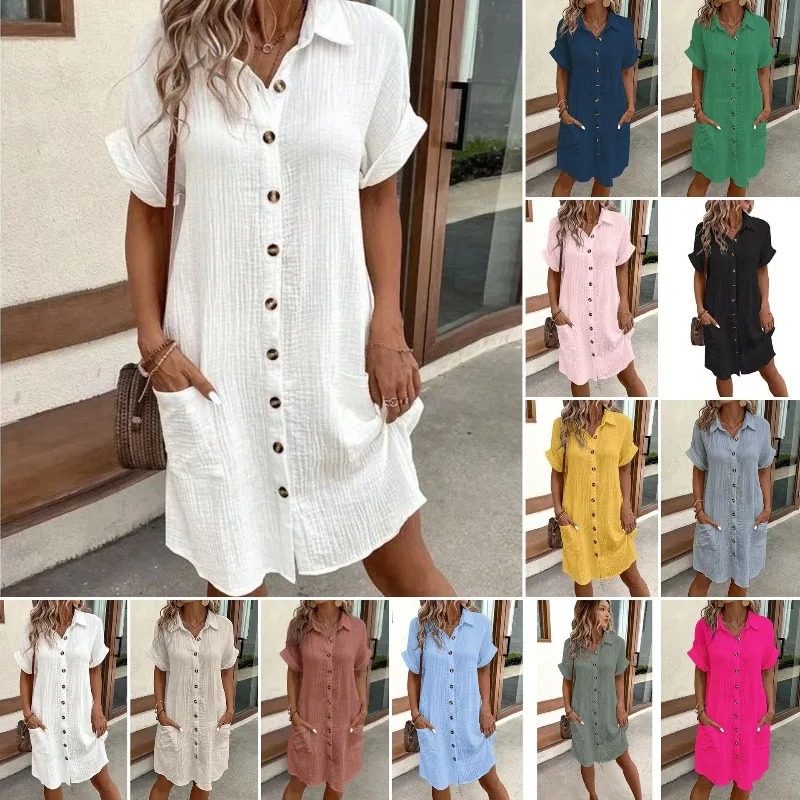 Casual Loose Linen Shirt Dress - Moda Günlük Pamuklu Keten Tarzı Elbise