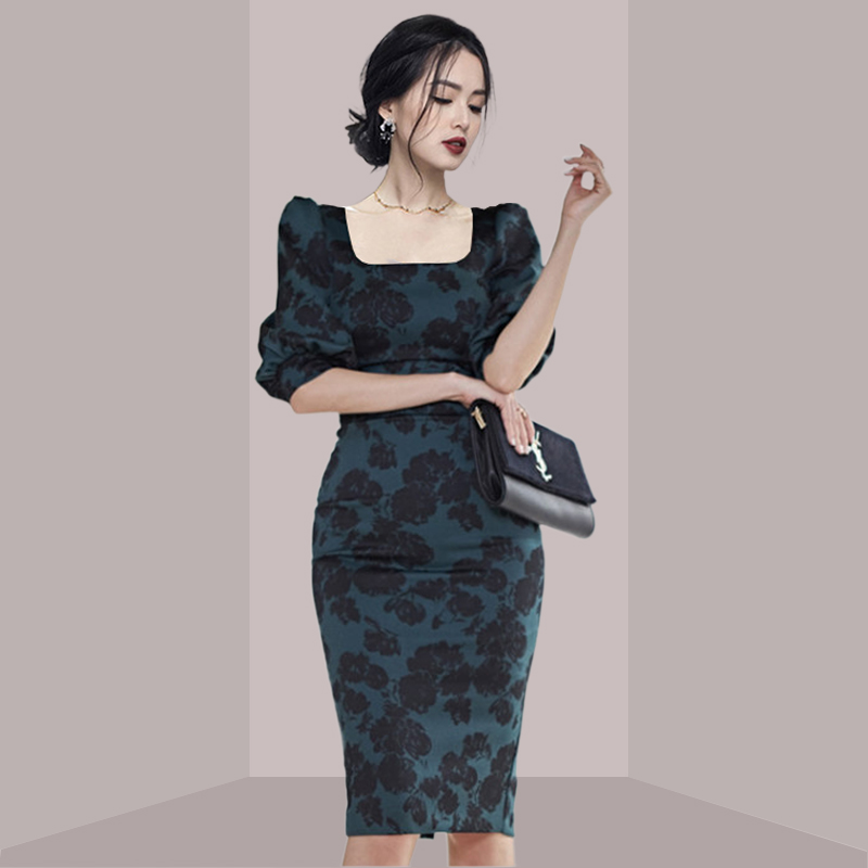 French Vintage Floral Midi Dress - Zarif, Bayan Esintili, Çiçek Desenli, Dar