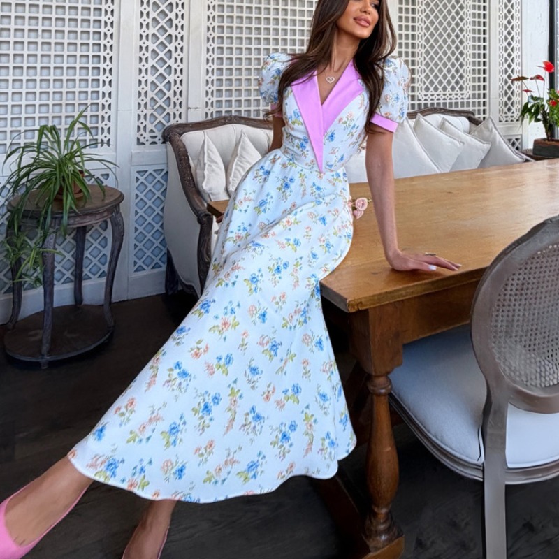 French Vintage Floral Midi Dress - Zarif 2026 Yaz Çiçek Baskılı Korseli