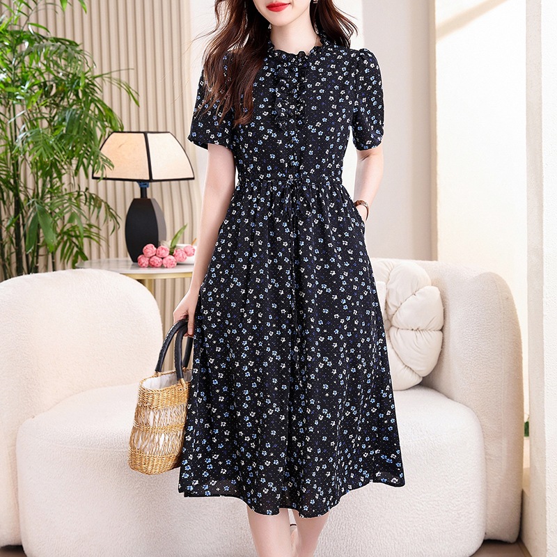 French Vintage Floral Midi Dress - Vintage Lacivert Çiçek Baskılı Midi Elbise